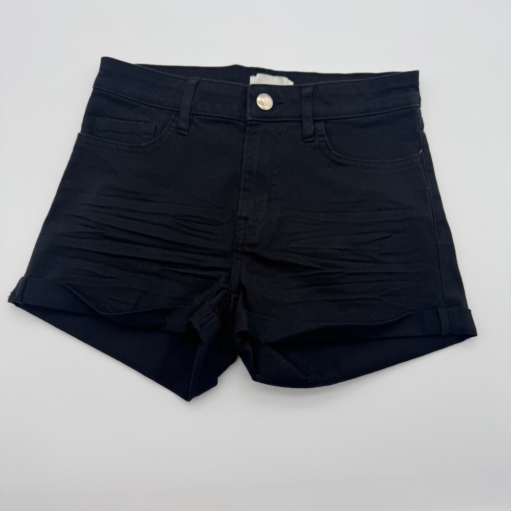 HM Womens Black Denim Cuffed Jean Shorts Size 0 5-Pocket Stretch‎ Casual Summer